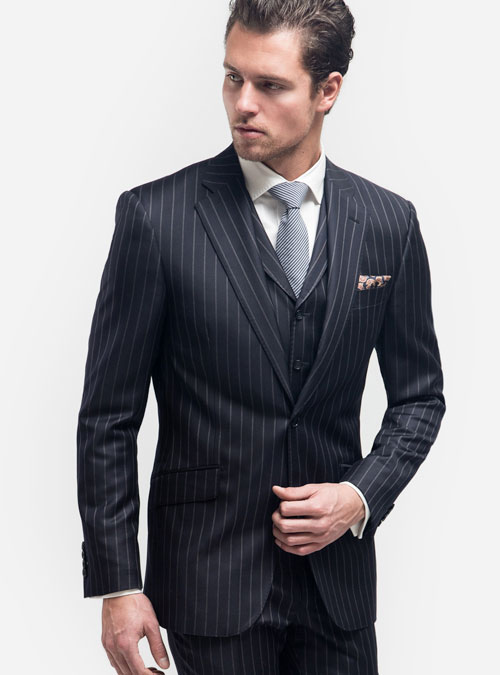 A pinstripe three-piece professional suit